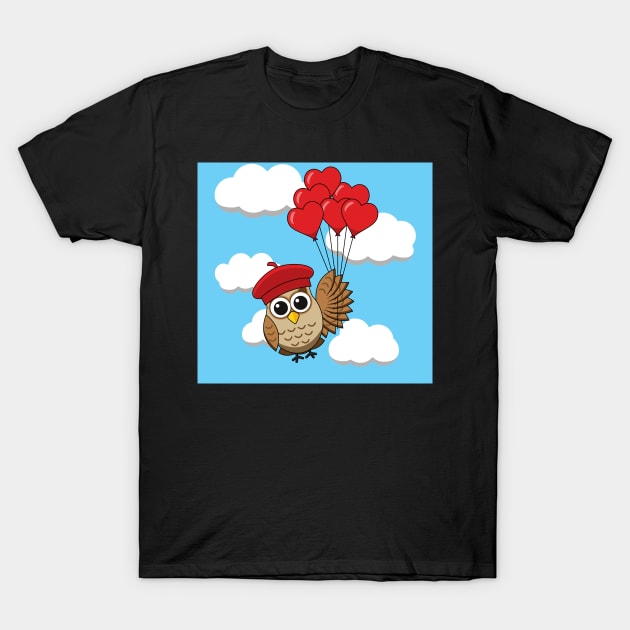 Cute Owl Flying with Heart Balloons in Blue Sky T-Shirt by BirdAtWork